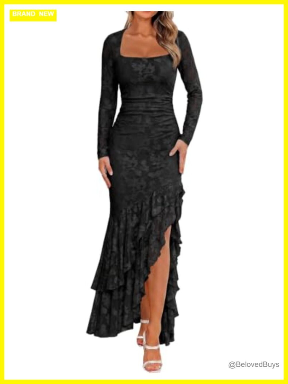 Elegant Long Sleeve Maxi Dress Square Neck High Slit Wedding Guest